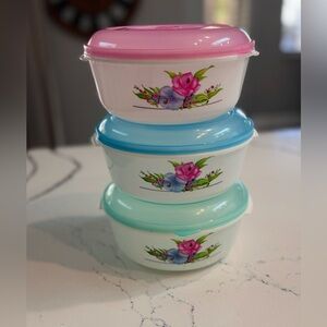 Vintage Ratan Floral Retro Kitchen Storage Bowls Pastel Lids Set of 3